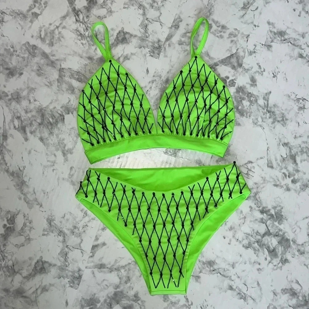 Porsche Green Beaded Adjustable 2 Piece Bikini